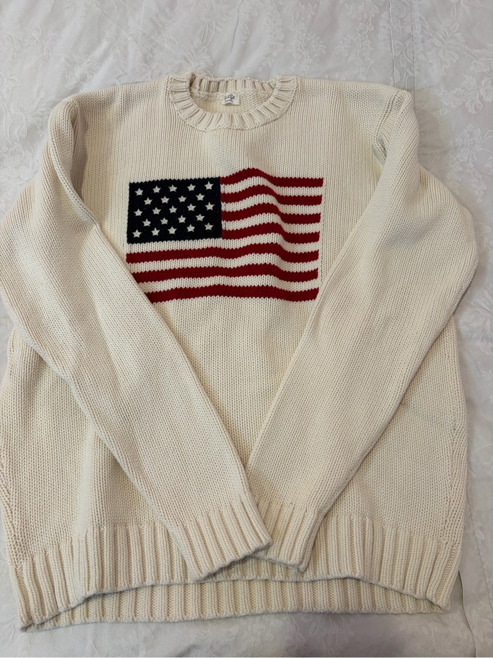 Brandy Melville Cream Crewneck Sweater with US flag